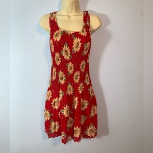 TIMINGS USA vintage Y2K Red Floral sunflower Sleeveless  mini accordian Dress L